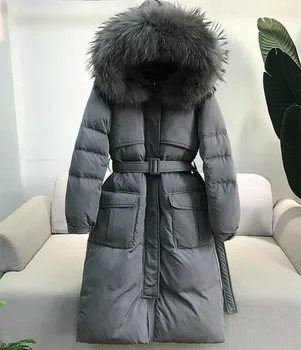 

2019 New Winter Coat Women Casual Long Hooded Down Jacket Real Raccoon Fur Collar Warm Thick 90% White Duck Down Jacket
