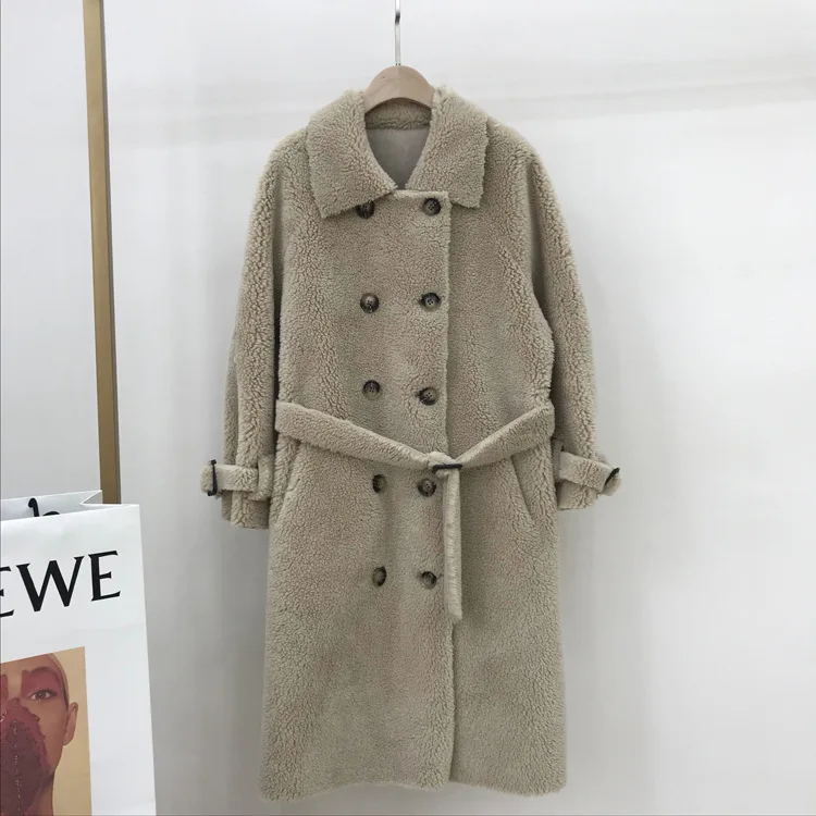beige WSYORE мех одно пальто Женская куртка из овечьей шерсти Новая модная теплая зимняя свободная длинная овечья оторочка из овечьей шерсти пальто NS1322 - Цвет: beige