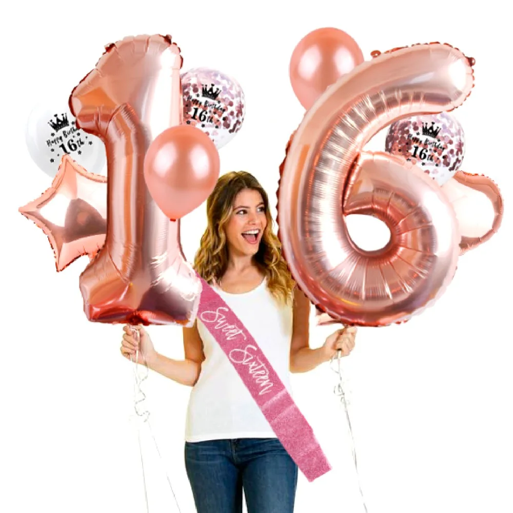 Rose Gold Happy Birthday Party Decor Kids Adult 16th Birthday Balloons Sixteen Sweet 16 Party Decor 16 Birthday Party Favors