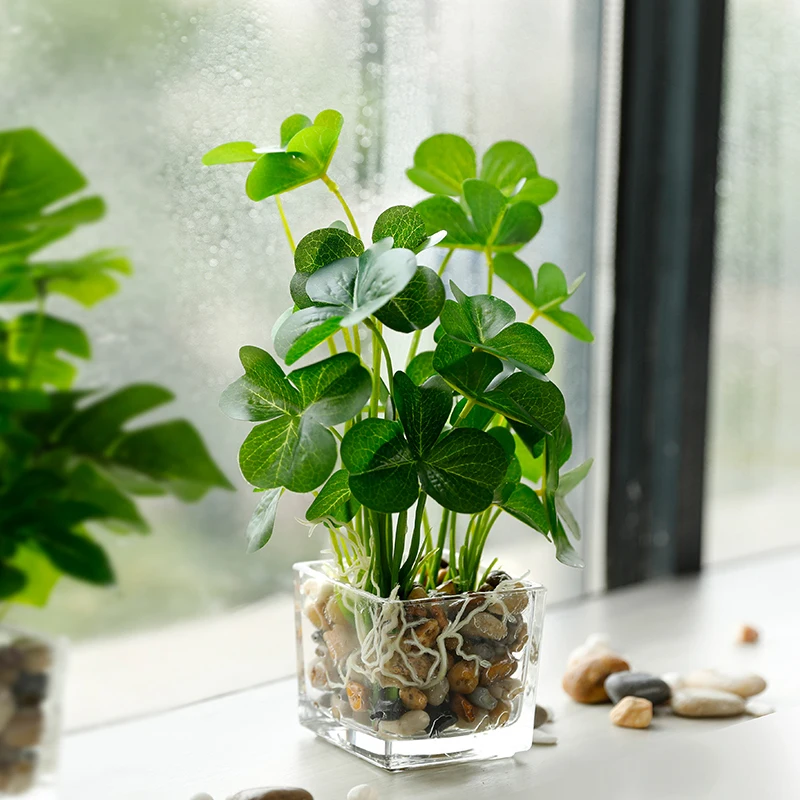 yumai Зеленый клевер растения искусственного стекла бонсай