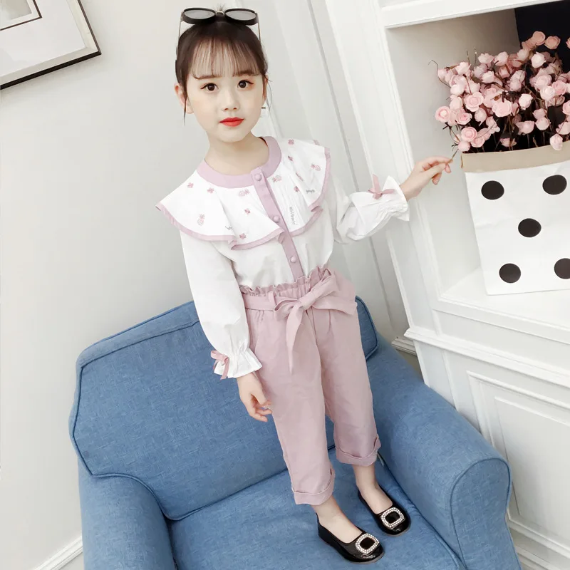 

Childrenswear GIRL'S Suit Spring Clothing 2019 New Style Big Boy Shirt Jeans Spring And Autumn Little Girl Casual Two-Piece Set