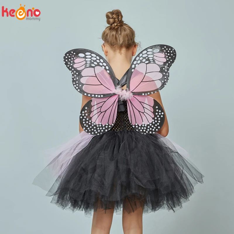Pink and Black Monarch Butterfly Tutu Dress with Wings Girls Insect Bug Butterfly Halloween Costume Kids Birthday Tutu Outfit