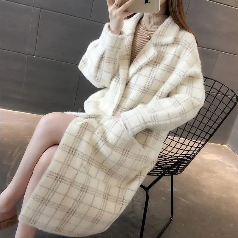Best Price New Korean Imitation Mink Sweater Coat Autumn Winter Women's Jacket Loose Long Knitted Cardigan Coat Plaid Long Overcoat f1676