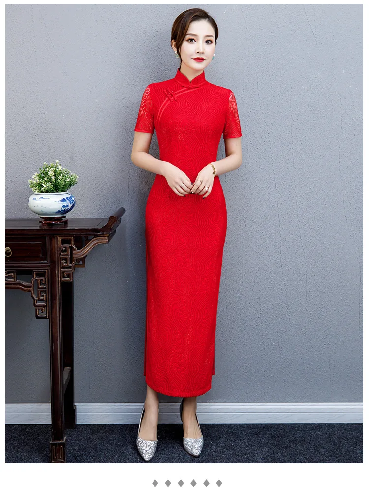 Ретро стиль Cheongsam длинное с коротким рукавом платье темперамент Qipao сексуальное Cheongsam кружевное платье Vestido модное платье - Цвет: Черный