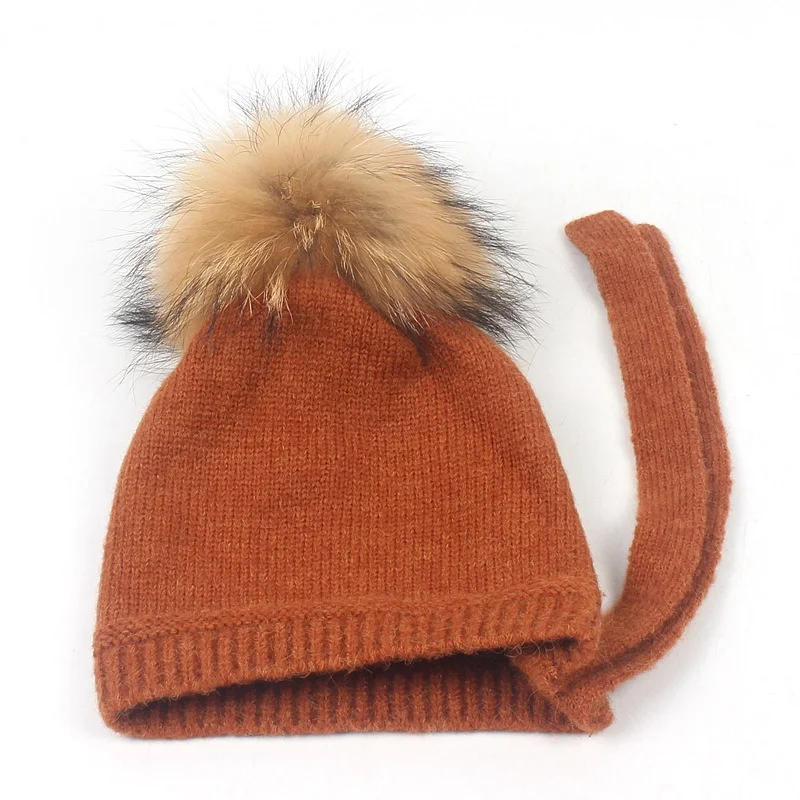 Детская осенне-зимняя теплая шапка с натуральным мехом для маленьких мальчиков и девочек, Chirtsmas, уличная енотовый помпон, шапки для детей, Kintted Nater, меховые шапки, От 1 до 5 лет