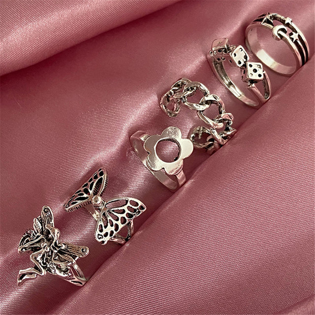 Silver Vintage Skeleton Ring Set Gothic Punk Chain Butterfly Crying Face Skull Rings For Women Couple Fashion Jewelry