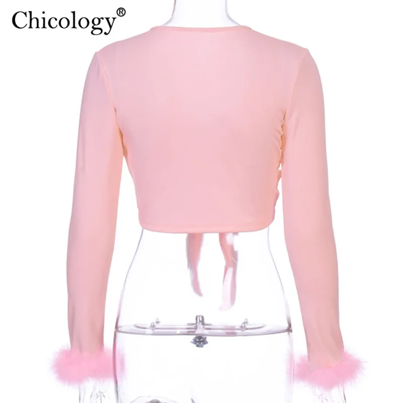 Chicology мех с длинным рукавом Лонгслив зашнуровать футболка женское v шеи сексуальные Tshirt кроп Топ осень зима уличная одежда футболка Повседневная одежда