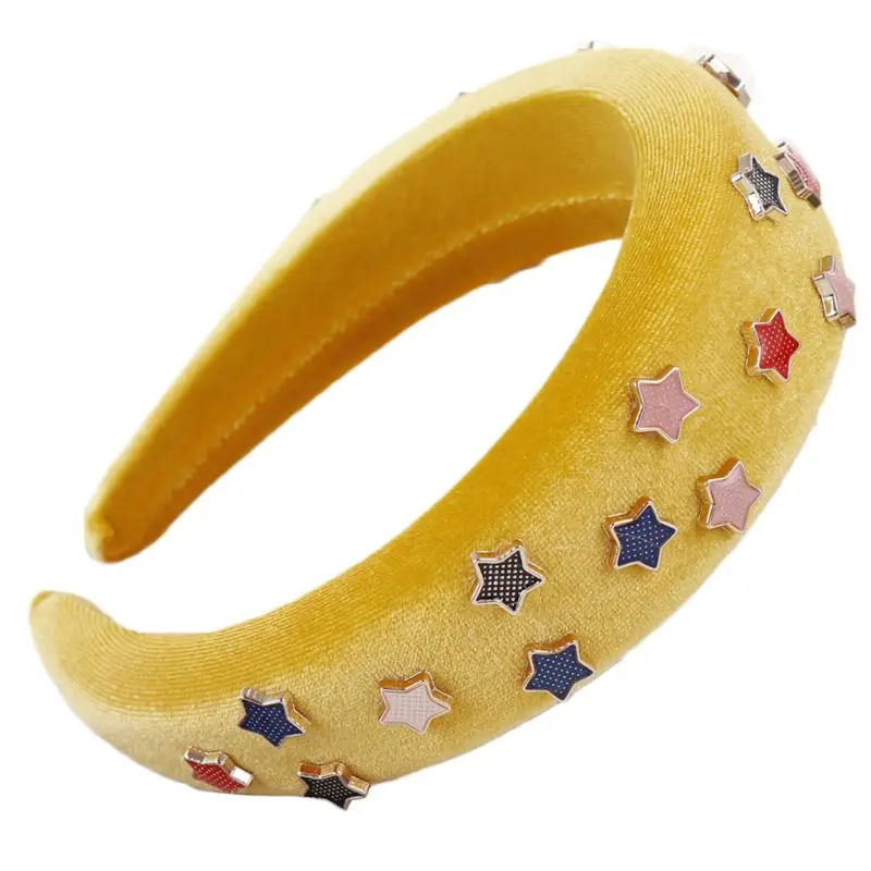 Женская Толстая губчатая повязка на голову с подкладкой в стиле ретро, металлическая пентаграмма, широкий обруч для волос с заклепками и звездами, стильный головной убор из бархата - Цвет: Цвет: желтый