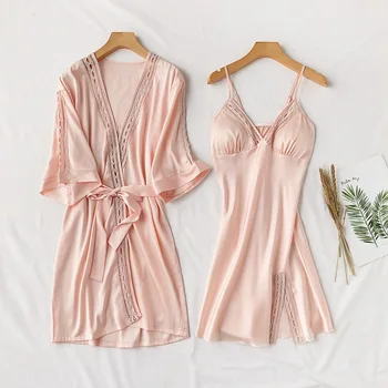 

Women Nightwear Pink 2pcs Robe Set Satin Kimono Bathrobe Gown Casual Hollow Out Homewear Sleepwear Negligee Lace Home Clothing