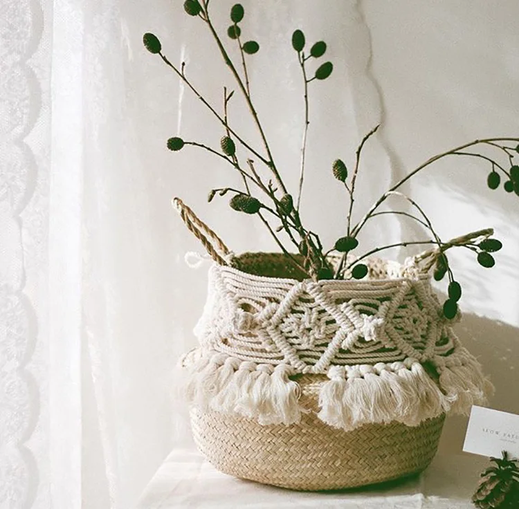 Rattan Basket Flower-Pot Tassel-Decoration Study-Room-Storage Home Organizer Handmade