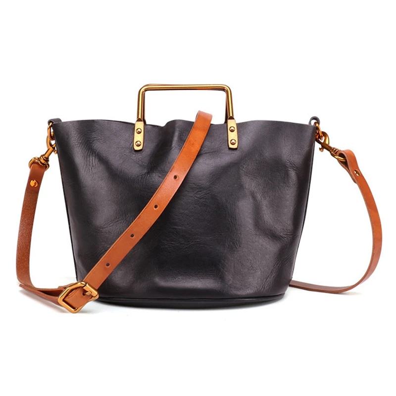 

Handmade Shoulder-Slung Back Portable Female Ladies Leather Vegetable Tanned Cowhide Bag in the Bag Tote Bag Retro Child Black