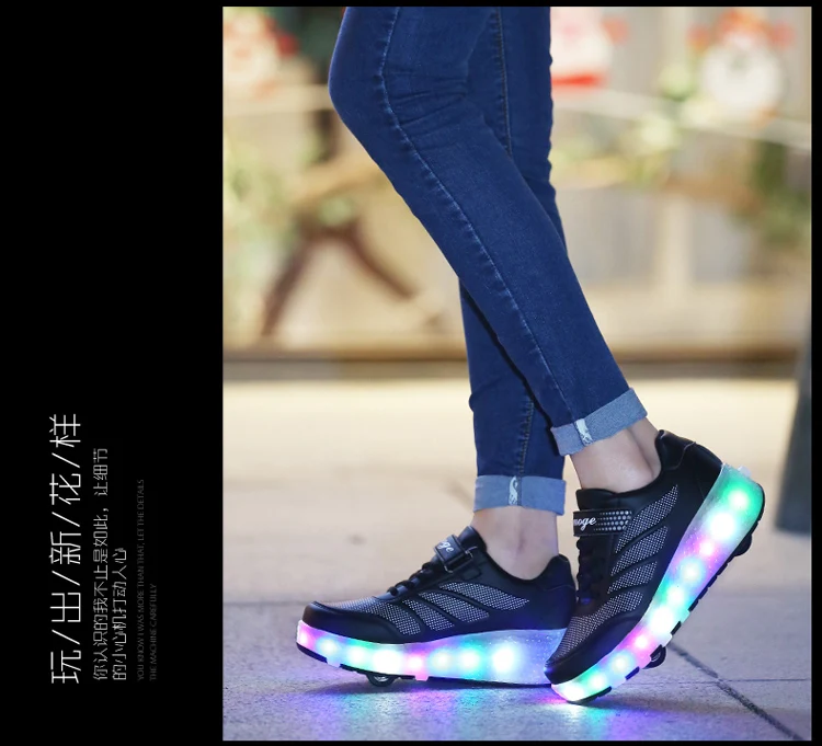 USB Charging Black Two Wheels Luminous Sneakers Led Light Roller Skate Shoes for Children Kids Led Shoes Boys Girls Shoes 28-43 comfortable sandals child