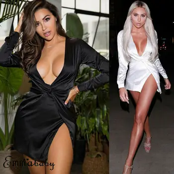 

NEW Women's Sexy Long Sleeve Dress Bodycon Satin Deep V-Neck Party Club Short Mini Dress
