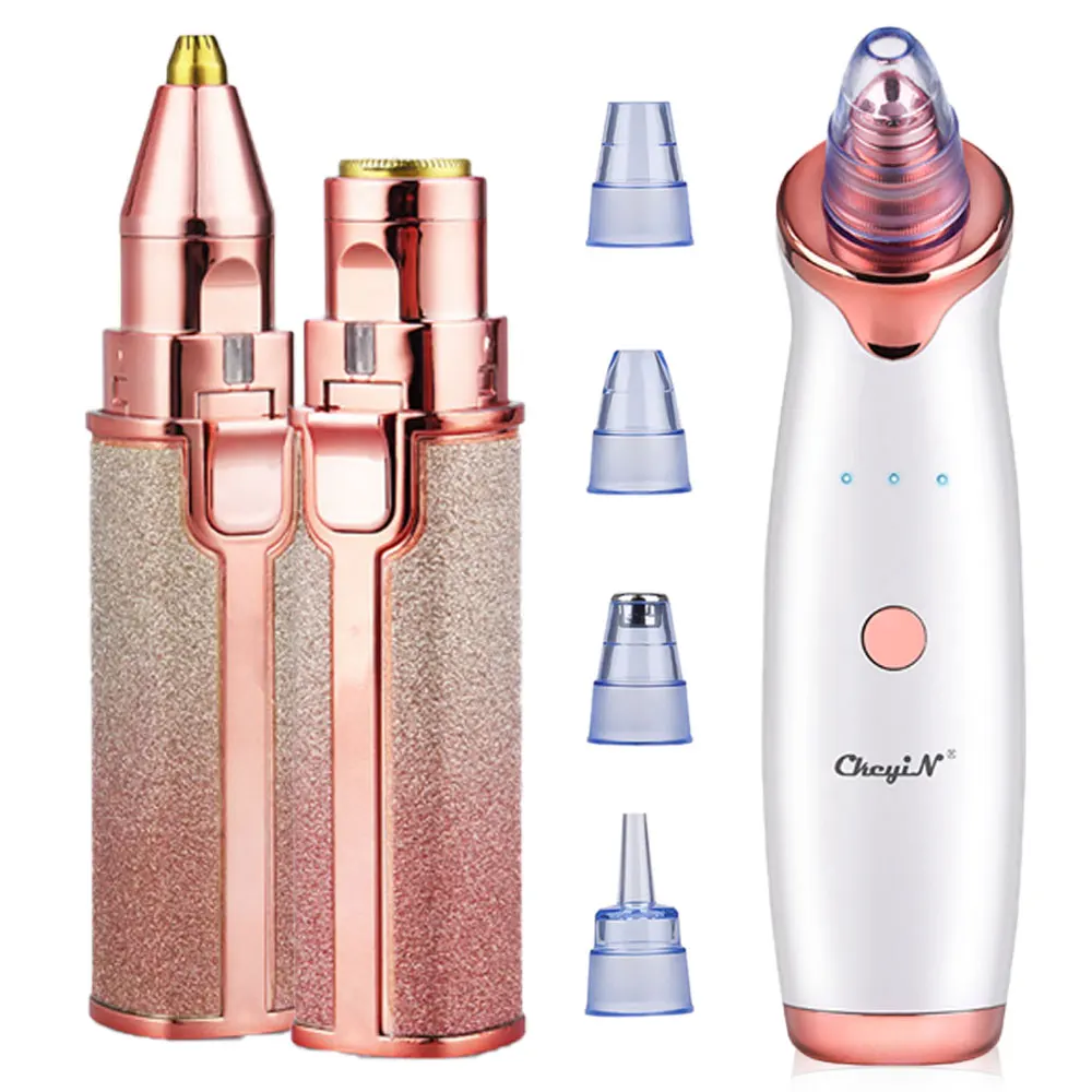 

2 In 1 Electric Eyebrow Trimmer Epilator Facial Hair Removal Painless Shaver + Blackhead Pore Acne Pimple Remover Vacuum Suction
