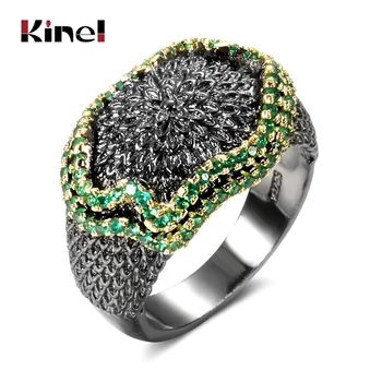 

Kinel Hip Hop Green CZ Punk Ring Gothic Black Gold Hollow Parties Ethnic Wedding Jewelry Vintage Rings for Women