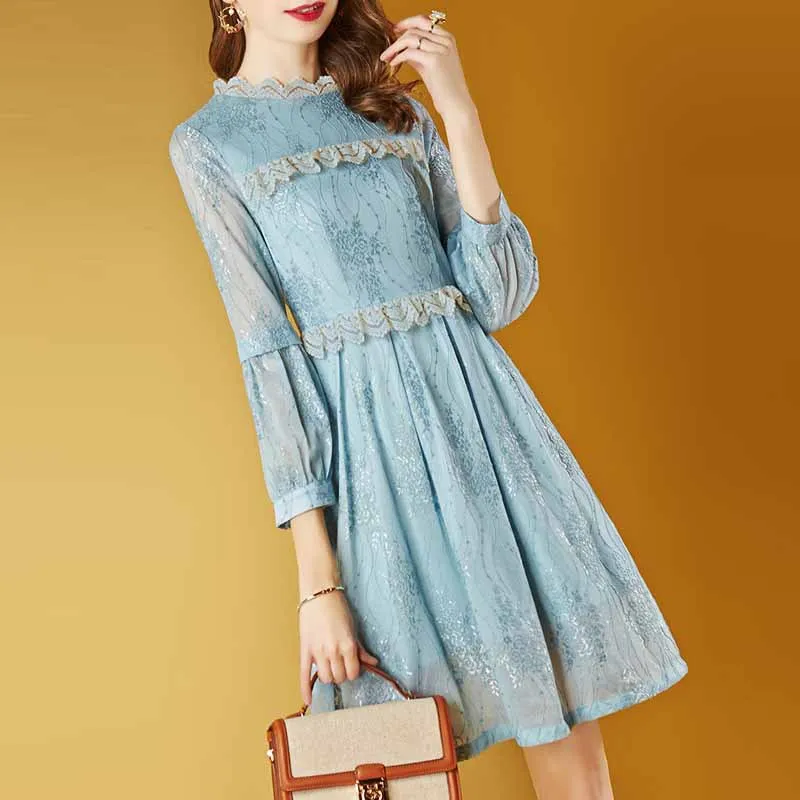 

WOMEN'S Dress-Style Embroidered Chiffon Dress Lace Edge Mid-length Slim Fit A- line Skirt 2019 Spring New Products Explosion