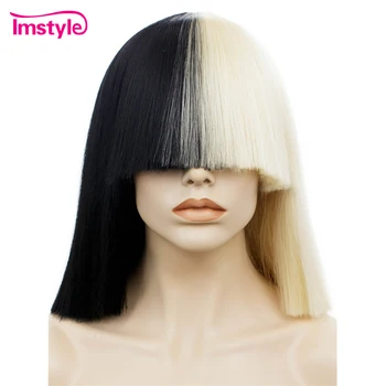 

Imstyle Half Black Half Blonde Wig Short Synthetic Wigs With Bangs Heat Resistant Fiber Party Wigs For Women Two Tone
