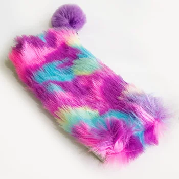 

Multi-colored Rainbow Style Durable Faux Fur Ball Cosmetic Bag Organizer For Makeup Travel Portable Zipper Closure Cute