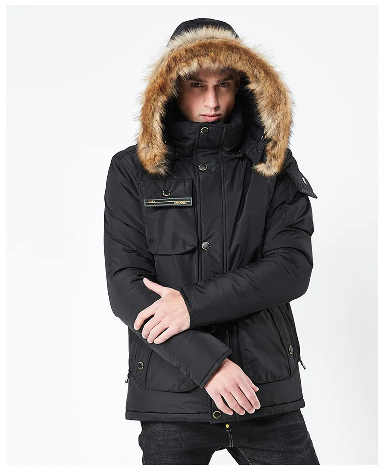 Толстые теплые парки с хлопковой подкладкой зимняя куртка пальто для мужчин Повседневная Длинная Верхняя одежда с капюшоном меховой