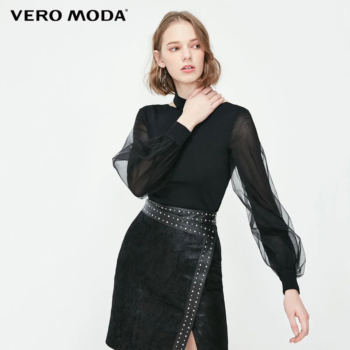 Vero Moda женский гаузи воздушный шар рукава сзади шеи лента вязаный Топ | 319124527 - Цвет: S59 Black