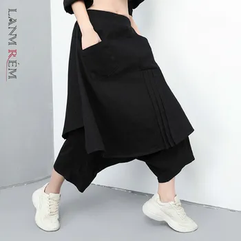 

LANMREM can ship 2020 Spring summer fashion new patchwork False Two Pieces trousers Tide big size Personality casual Pants YH864