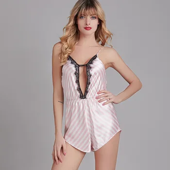 

New sexy pajamas female silk sexy deep V lace hot temptation conjoined home clothes 1588