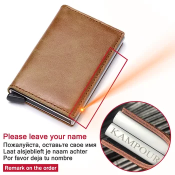 

Laser engraving Men Crazy horse skin Leather Aluminum Wallet Pocket Card holder RFID Blocking Automatic Credit Card Purse gift