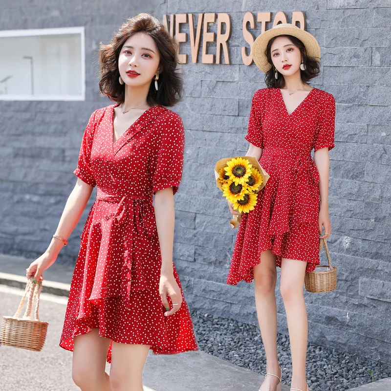 

Patchwork Chiffon Women Dress 2019 Autumn New Fashion V-neck Temperament Irregular Collect Waist Heart Knee-length Dress Women