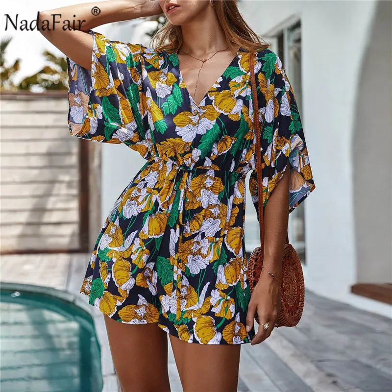 Nadafair, traje de playa para mujer, verano 2020, informal de manga larga, Sexy con cuello de pico, bohemio Floral, pantalones cortos para mujer - AliExpress Ropa de mujer