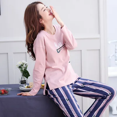women pajama Womens Pajamas Sets Long sleeve cotton pajamas suit Women spring cartoon casual sleepwear long Pyjamas for women XXXL - Color: women pajama