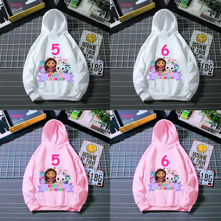 New Cute Kawaii Gabbys Doll House Hoodies 2-10th Happy Birthday Hoodies White Kids Girls Hoodies Tops Long Sleeve Sweatshirt