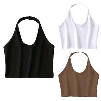 

Womens Halter Neck Sleeveless Crop Top Sexy Low Cut O-Neck Backless Cami Vest Black Khaki White