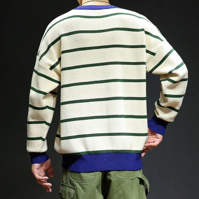 Winter Striped Sweater Men Warm Fashion Contrast Color Casual Knit Sweter Man Streetwear Loose Long-sleeved Pullover Men M-5XL