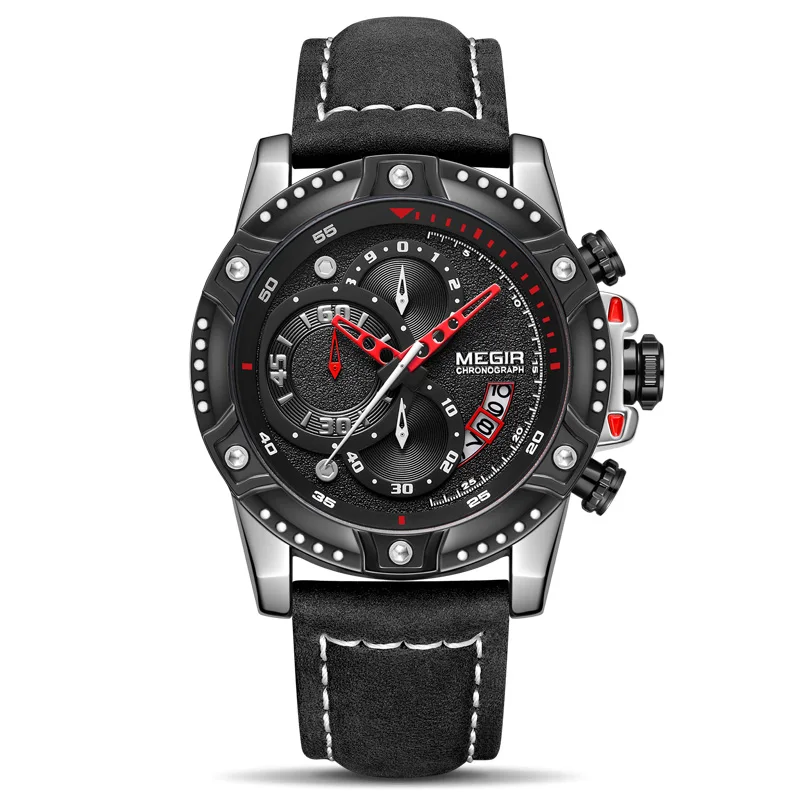 MEGIR креативные наручные часы мужские часы водонепроницаемые кожаные мужские часы лучший бренд класса люкс Хронограф Спортивные часы Relogio Masculino - Цвет: ML2130GS-BK-1