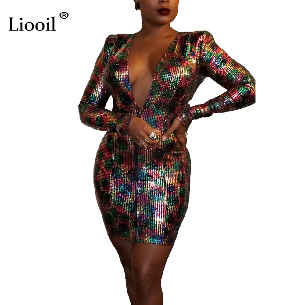 

Liooil Colorful Sequin Sexy Bodycon Mini Dress Women 2019 Long Sleeve Deep V Neck Zip Up Night Club Party Tight Fitted Dresses