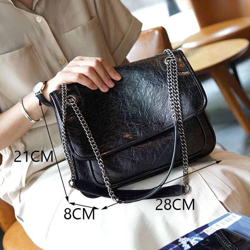 EUMOAN Ретро складной стеганый кожаный мешок цепи, масло воск царапины воловья сумка на плечо, модная женская почтальонская сумка - Цвет: Black L