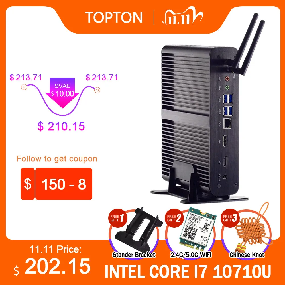 Мини-ПК Topton без вентилятора Intel Core i7 10510U 10710U i5 8265U Nuc 2 * DDR4 M.2 + Msata 5 'sata 4K HTPC неттоп