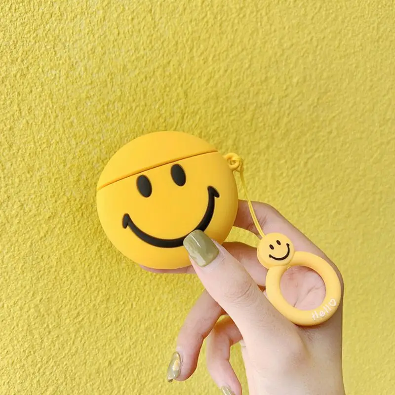 

Cute Smile Emoji Pattern Soft Silicone Protective Case Shockproof Cover Skin Protector with Lanyard for Airpods 1/2 Charging Box