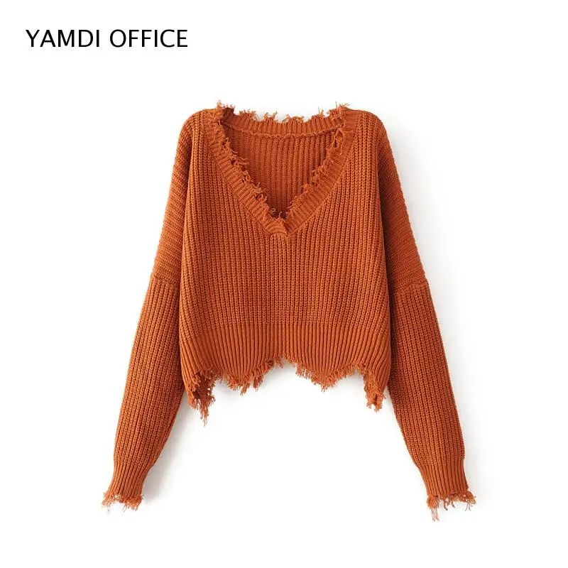 YAMDI, новинка, женский свитер с кисточками, Осень-зима, однотонный, оранжевый, белый, черный, свитера, укороченные джемперы, v-образный вырез, сексуальный вязаный пуловер