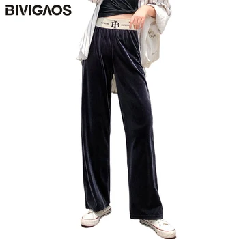 

BIVIGAOS 2019 Autumn New Elastic High Waist Velvet Wide Leg Pants Women Letters Casual Loose Pants Slim Straight Droop Trousers