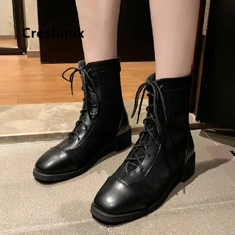 Cresfimix botas femininas/женские модные черные высокие ботинки martin с круглым носком женские повседневные осенние ботинки высокого качества коричневого цвета a7013