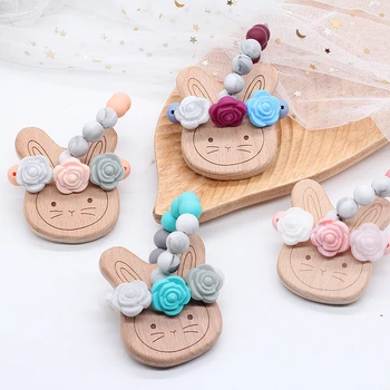 

Wooden Baby Bracelet wooden teether cute rabbit jewelry baby teeth organosilicone beads baby bell baby wagon accessories toys