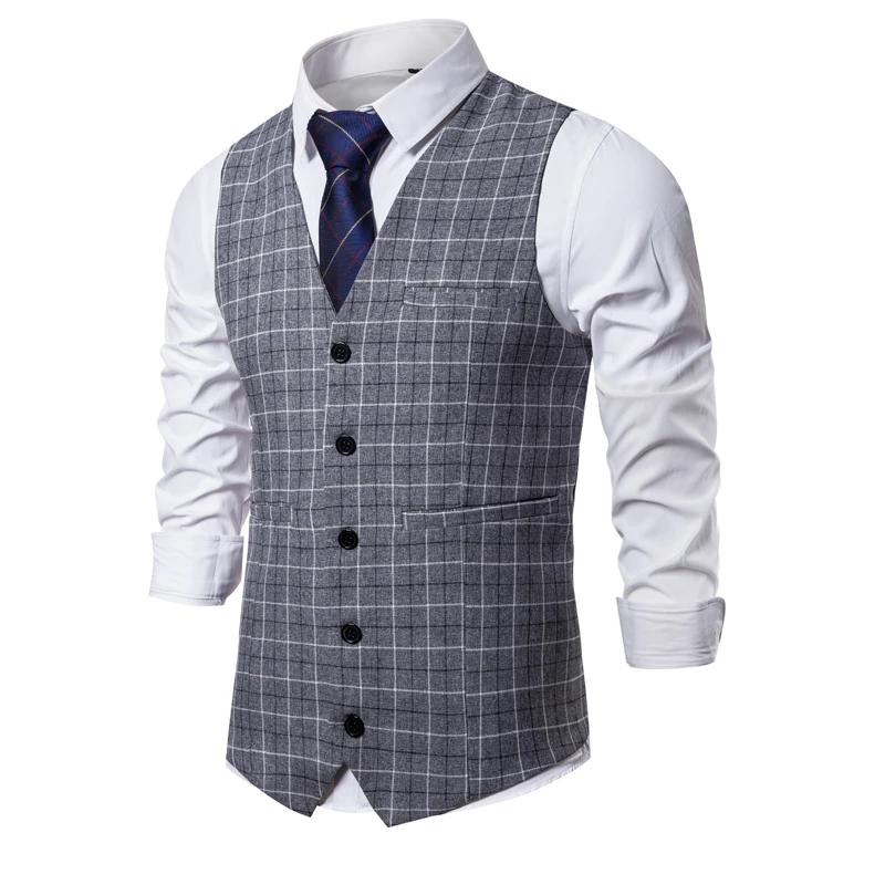 

2020 Waistcoat Plaid Dress Vests For Men Casual Slim Fit Mens Autumn Formal Business Jacket