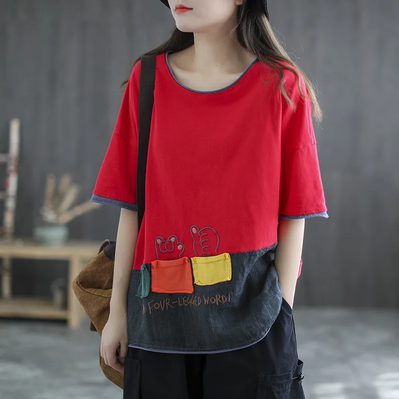 Women T shirt 2021 Summer Loose Casual Retro Tops Women New O Neck Half Sleeve Patchwork