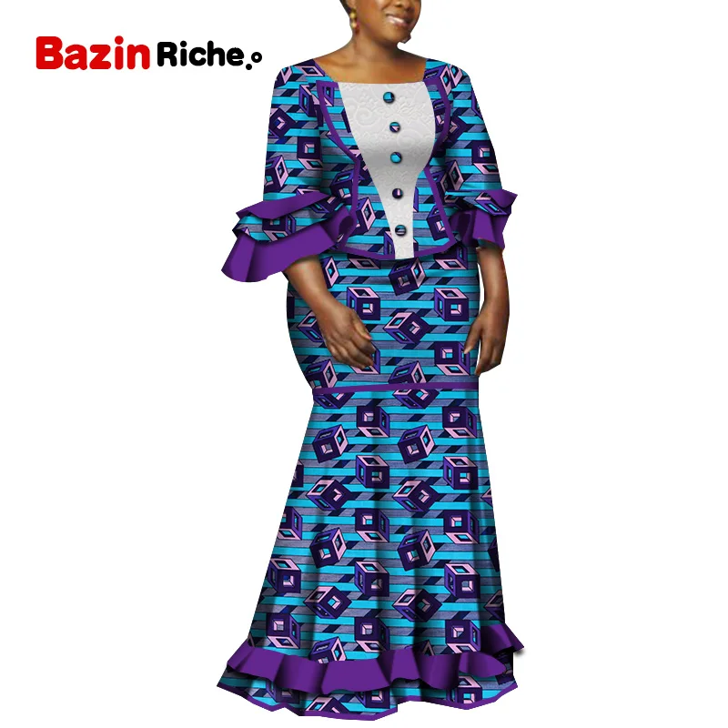 Африканский принтованный костюм с юбкой для вечерние WeddingTraditional Костюмы Блуза Топ+ длинная юбка-карандаш Базен 2 шт. Комплекты одежды WY5240