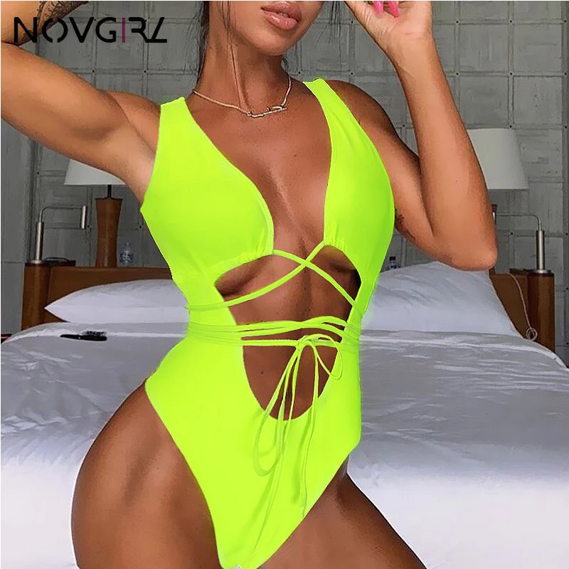 

Novgirl Spaghetti Strap Bandage Bodycon Sexy Swimsuit Women 2019 Summer Sleeveless Hollow Out Bathing Biquini Neon Green Bikini