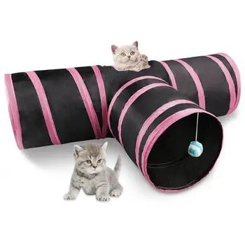 

Cat Tunnel 3 Way Collapsible Pet Cat Play Tunnel with Ringing Ball, Spacious Tube Fun for Cat Puppy Kitten Pink + black