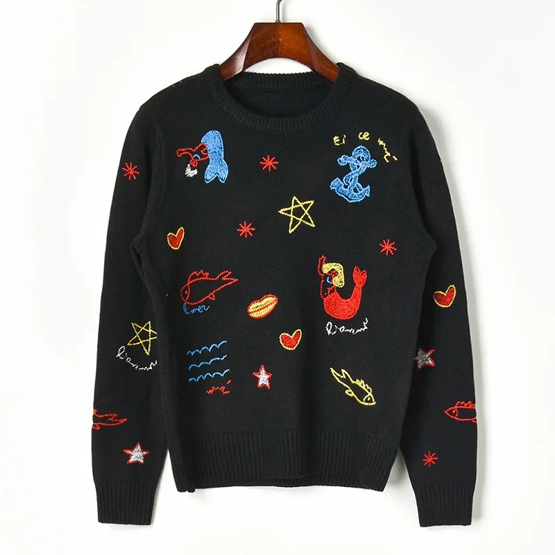 

Runway Knitwear Women 2019 Autumn Winter New Embroidered Stars Sweaters Mermaid Long-sleeved Pullovers Round Cartoon Knitted Top