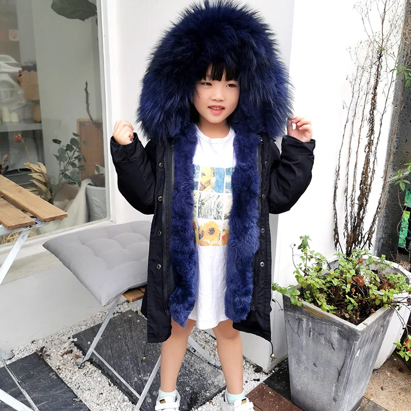 Зимняя длинная куртка с хлопковой подкладкой для маленьких мальчиков и девочек Детские утепленные пальто с капюшоном, настоящий мех кролика верхняя одежда, парки