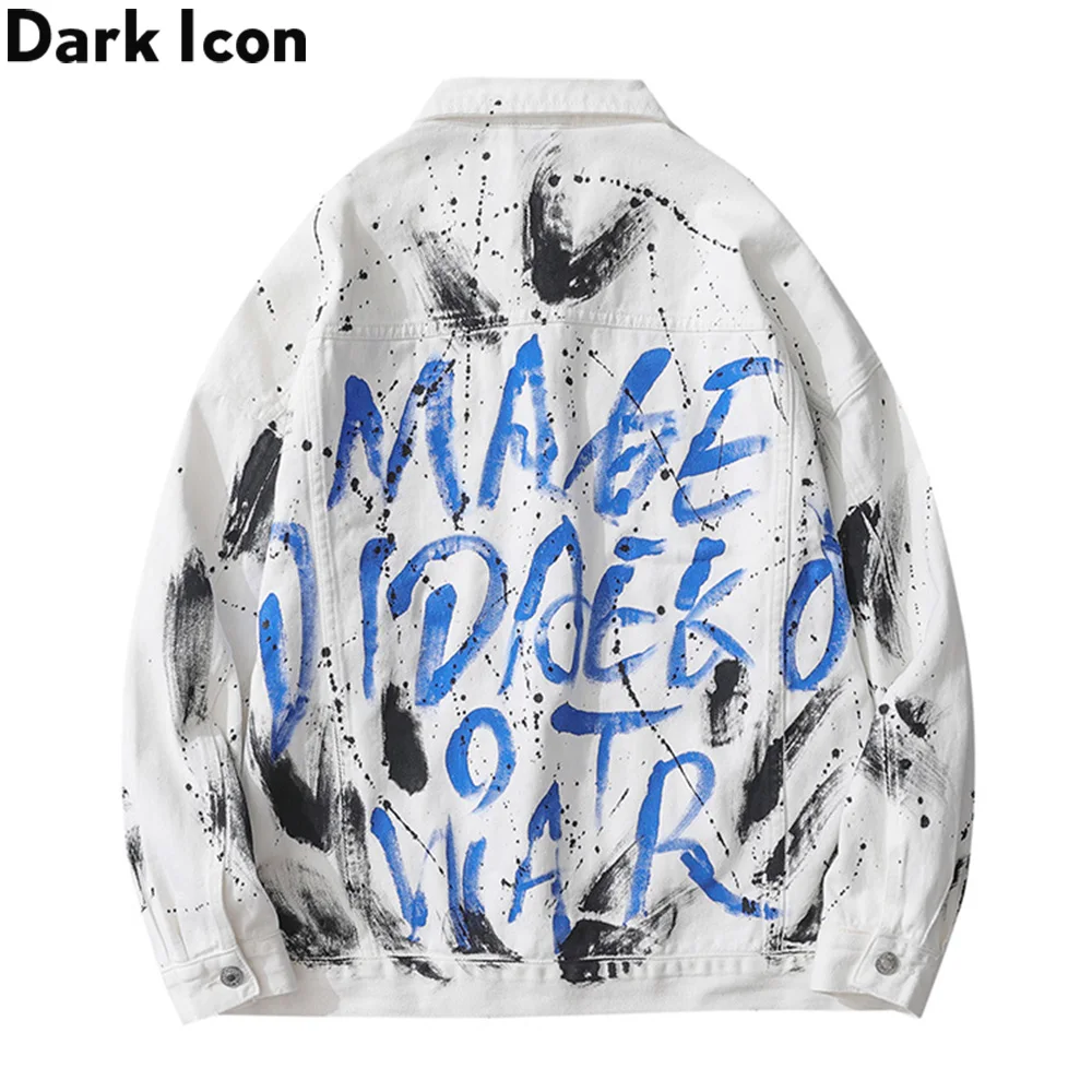 

DARK ICON Letter Printed Denim Jackets Men Streetwear Jean Jacket Outerwear Men's Jackets